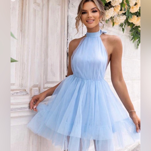 Sky Blue Mesh Party Dress - Picture 4 of 6
